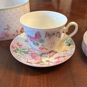 Butterflies Peony Floral Summer River  8 oz Teacup and Saucer New in Box